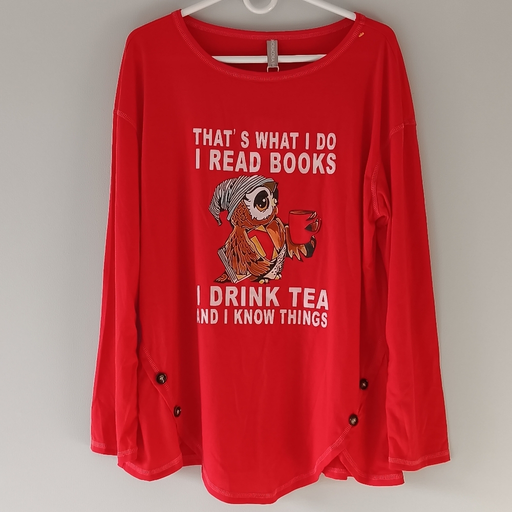 NEW NoraCora Jersey Sleep Shirt Lounge Pajama Top Books Tea Owl Red Extra Large - Picture 2 of 12